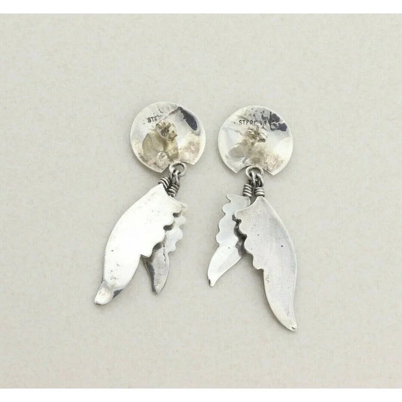 Sterling Silver Southwestern Large Feather Design Earrings Dangle Drop Earrings - Picture 7 of 7